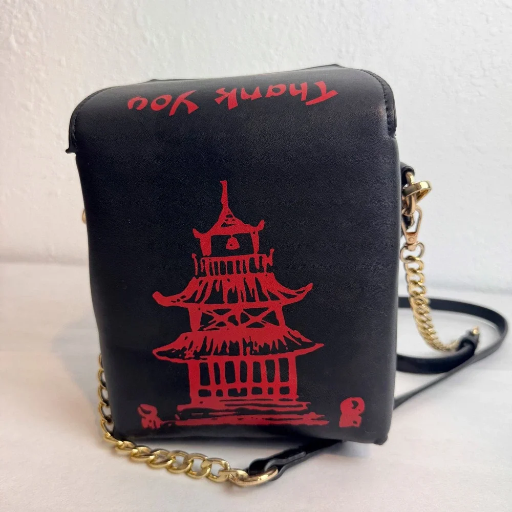 Black Chinese Takeout Box Crossbody Bag Red Pagoda Thank You Novelty Purse - Picture 3 of 9